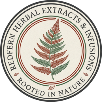 RedFern Herbal Extracts & Infusions seal — a two-tone fern inside a circular badge reading Rooted in Nature