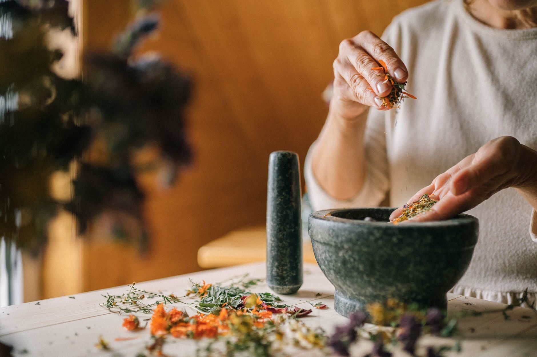 Hands grinding dried flower petals in a dark stone mortar in warm light